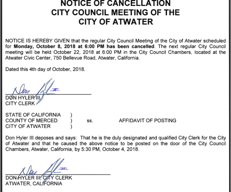 Atwater City Council Meeting Cancelled